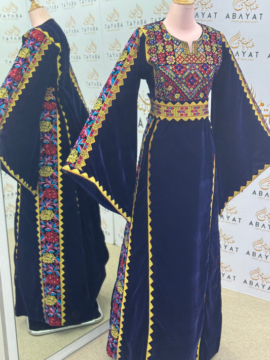Midnight Blue Velvet Thobe – Traditional Palestinian Embroidery