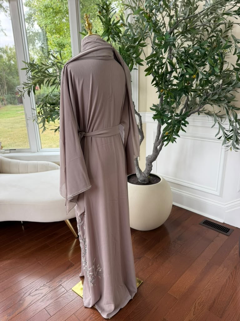 Tan Beaded Elegance Floral Abaya