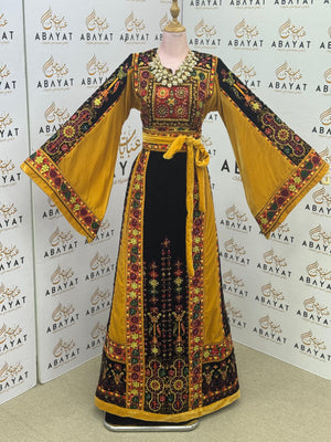 Premium Palestinian Malakah Velvet Thobe – Mustard Gold & Black Embroidery