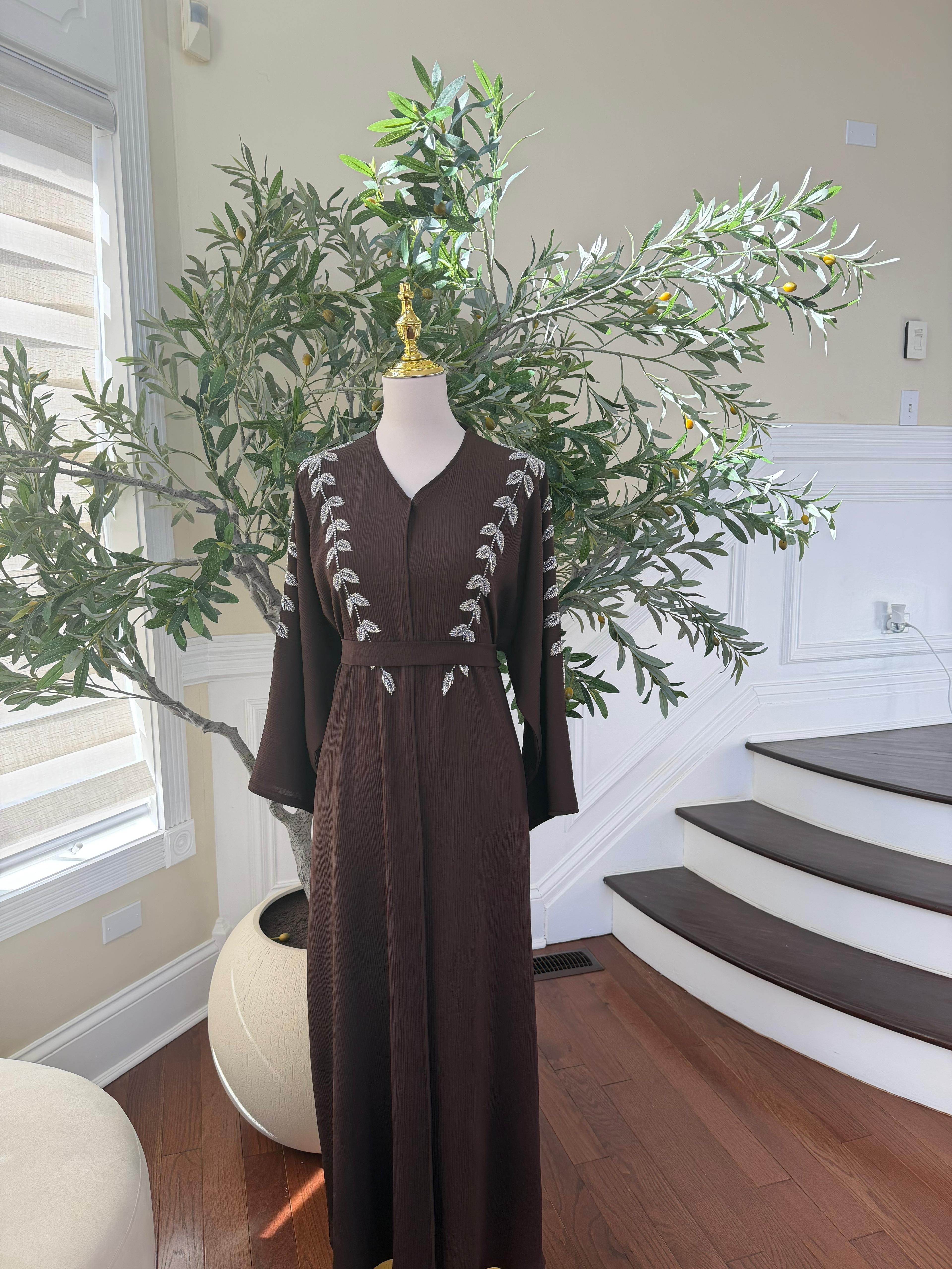 Brown Silver Beaded Essence Abaya