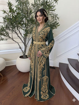 Golden Green Embroidery beaded Kuftan