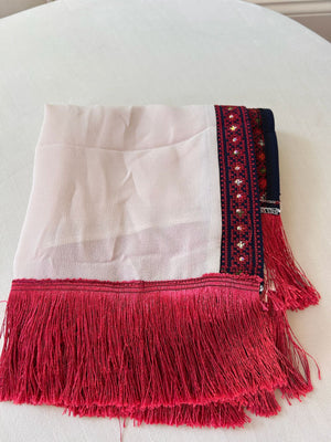 Cream/ Blue Tatreez Red Khirka Shal Mandil