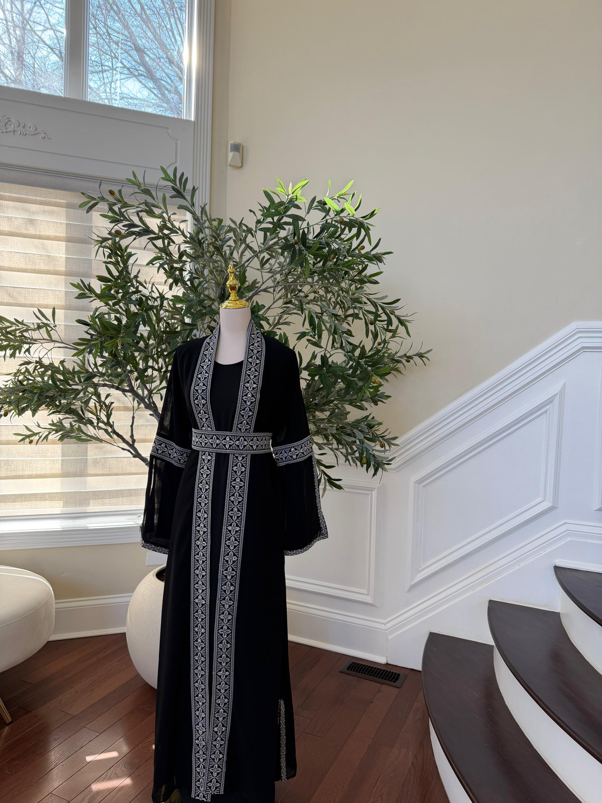 Black Two Piece Silver Embroidered Thobe