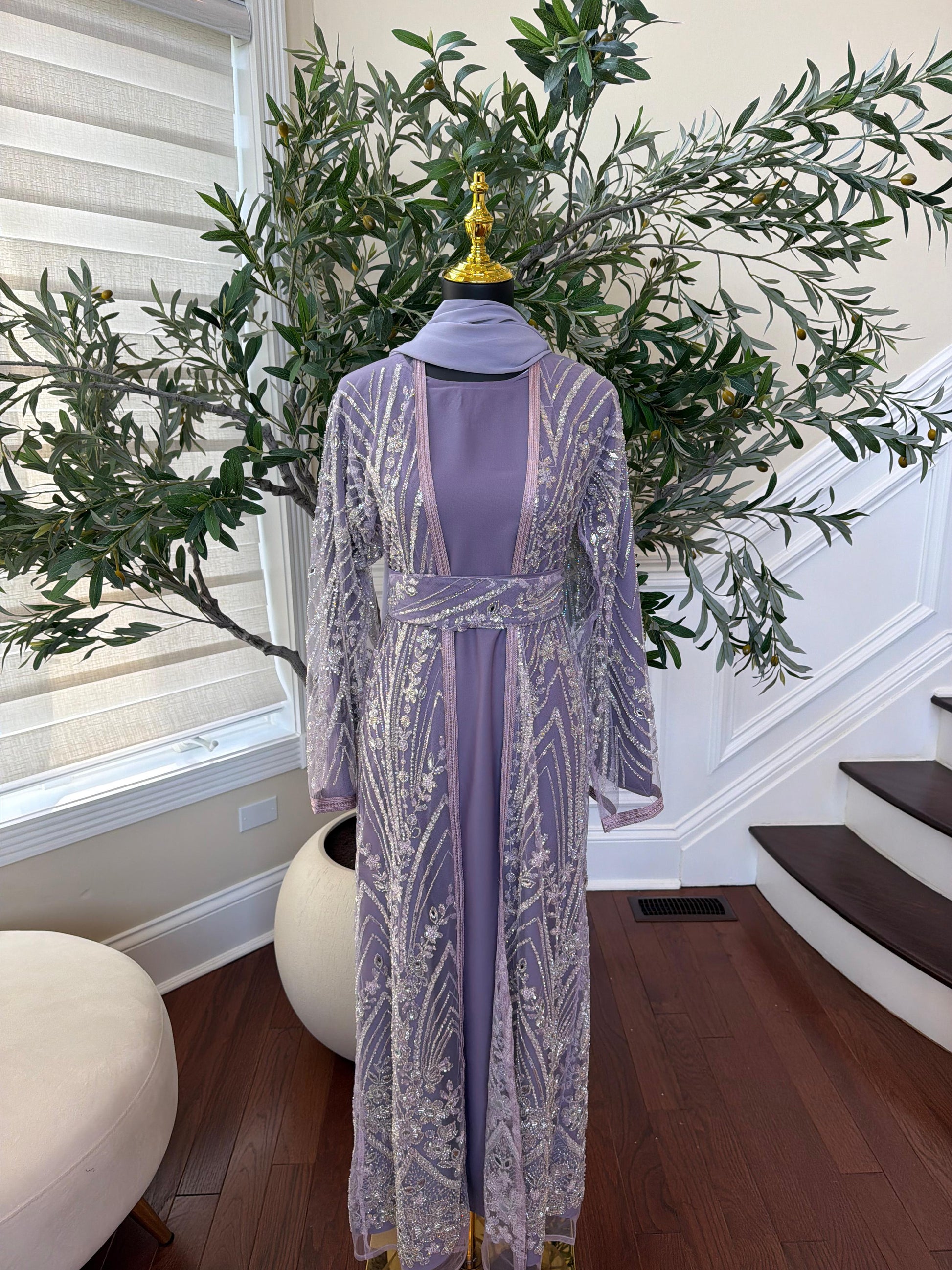Lavender Sparkle Beaded Cardigan Abaya