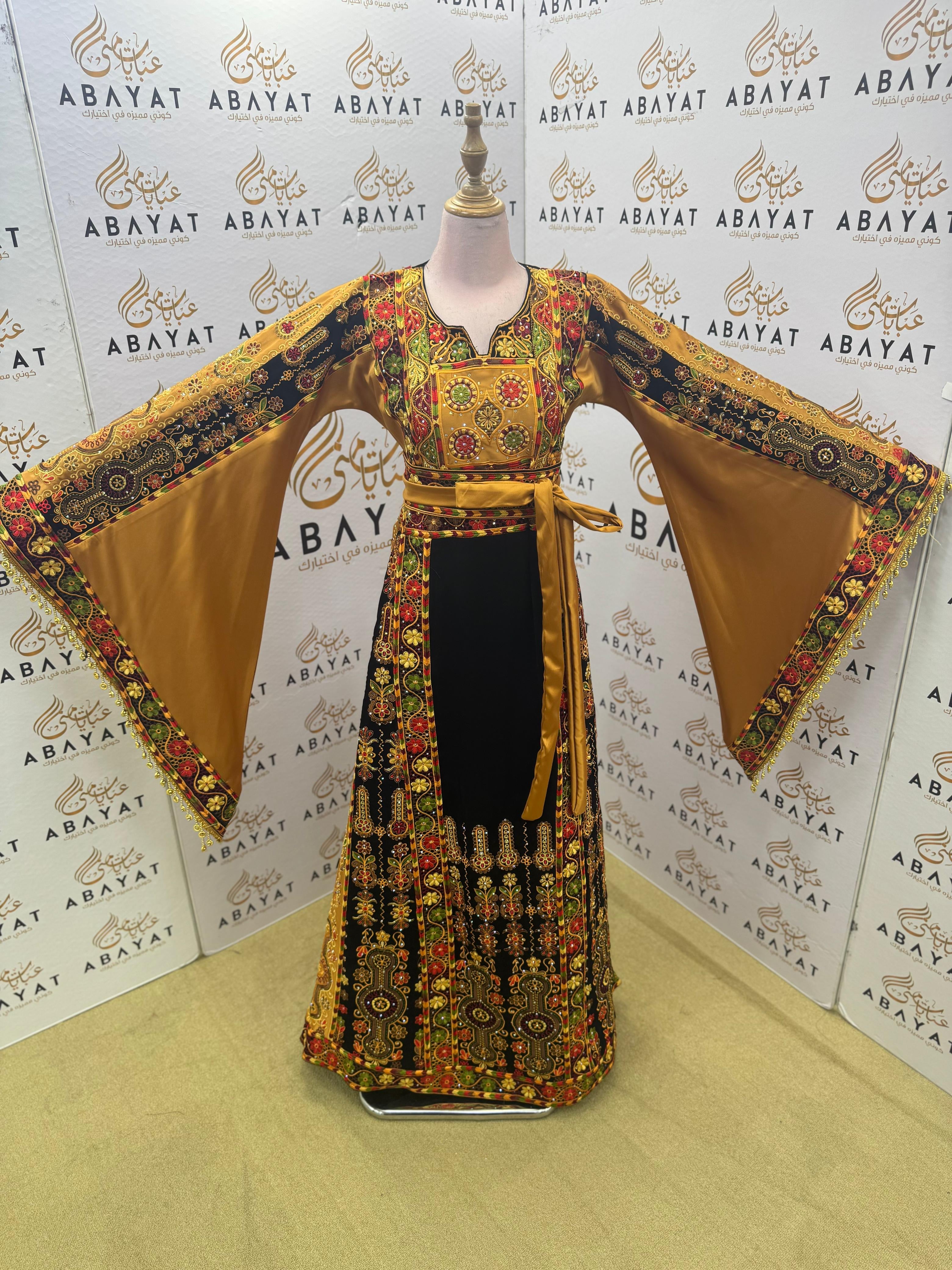 Traditional Palestinian Embroidered Thobe – Black & Gold Heritage Dres ...