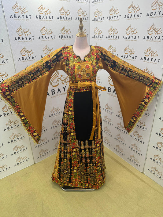 Traditional Palestinian Embroidered Thobe – Black & Gold Heritage Dress