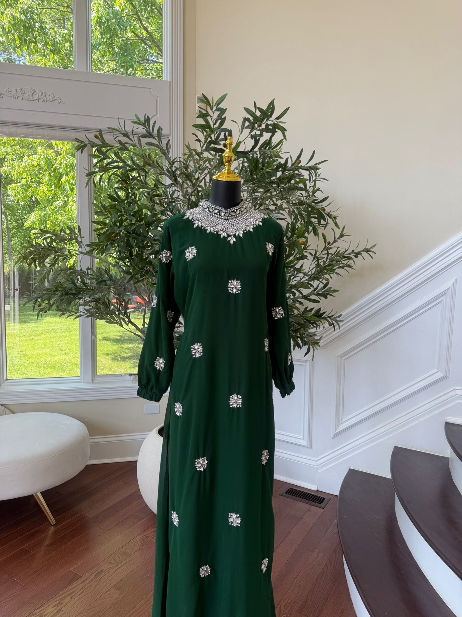 Green Glimmer Stonework Maxi Dress