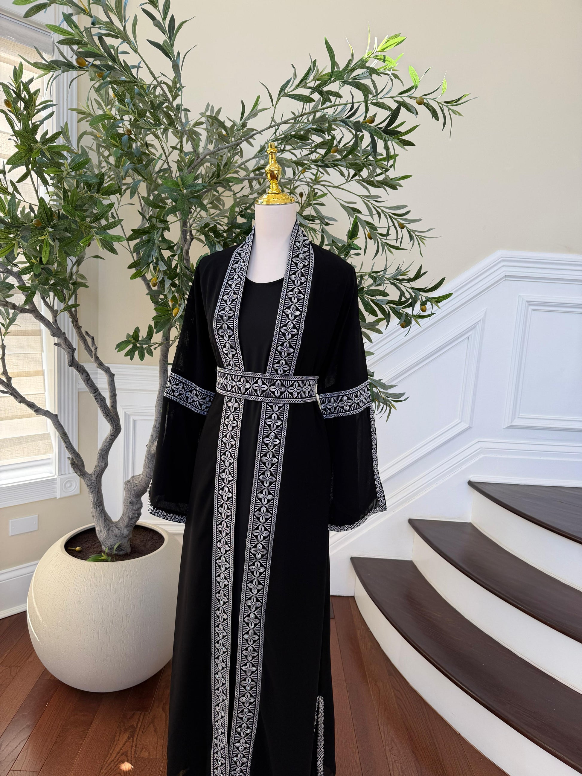 Black Two Piece Silver Embroidered Thobe