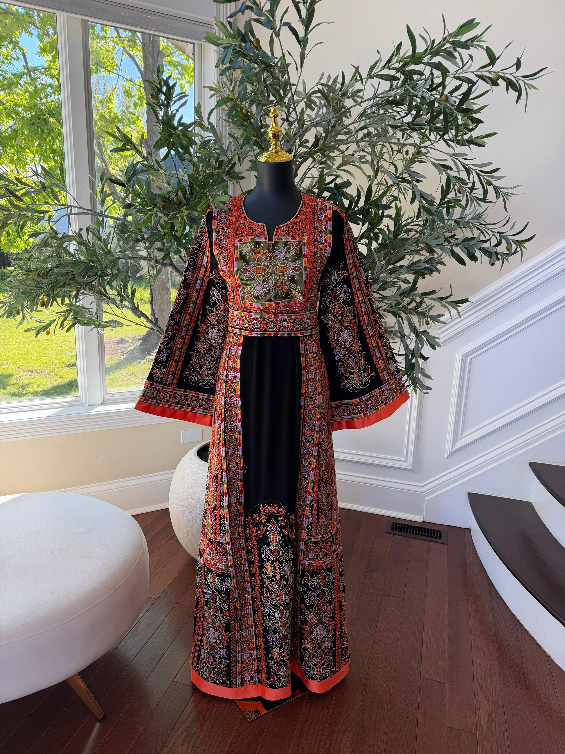 Black Embroidery Tatreez Orange Thobe