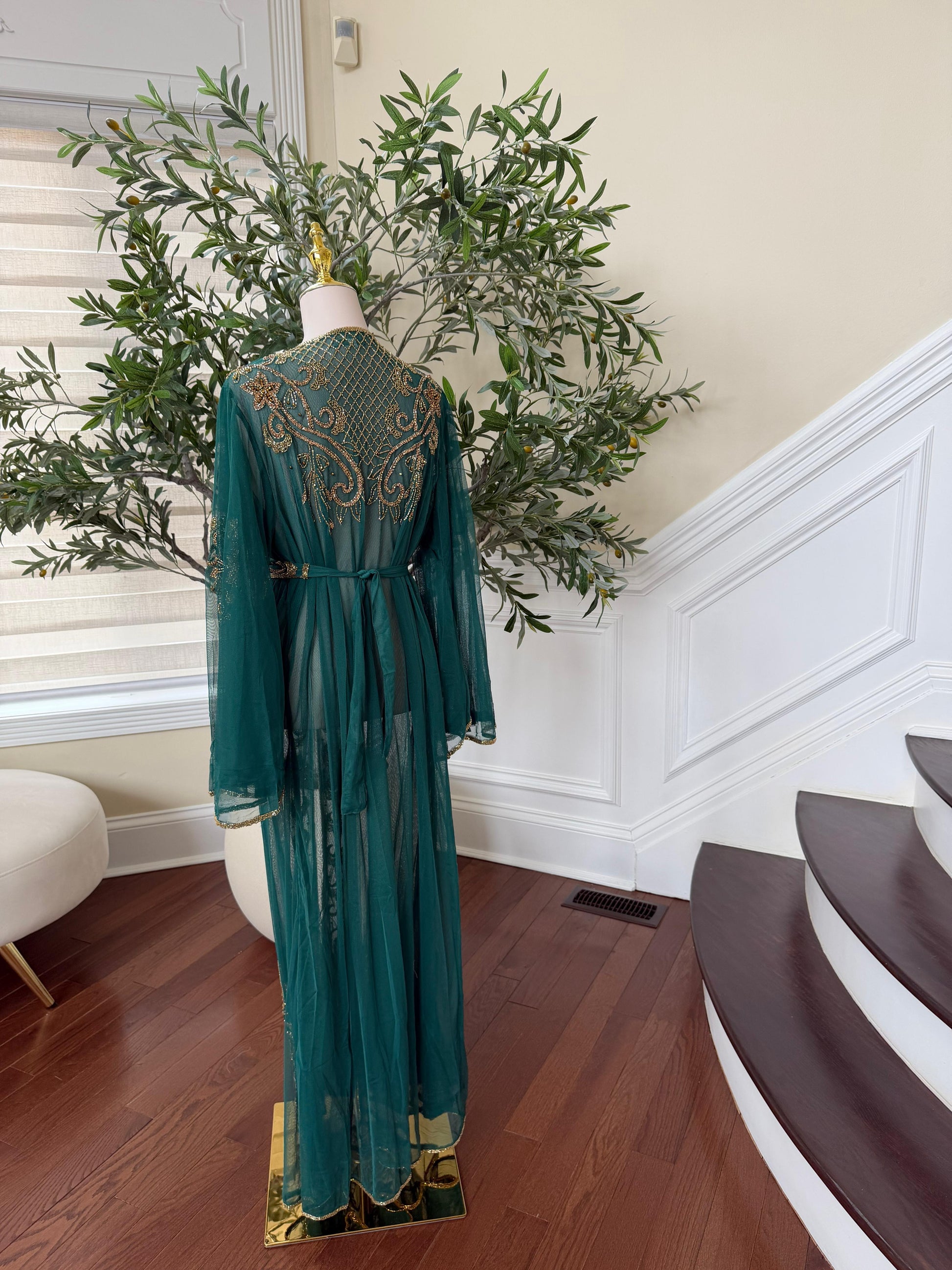 Emerald Green Stone Cardigan Abaya