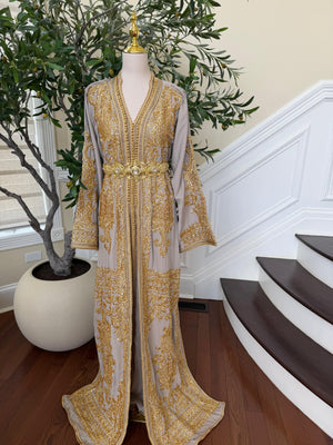 Golden Grey Beaded Elegance Kuftan