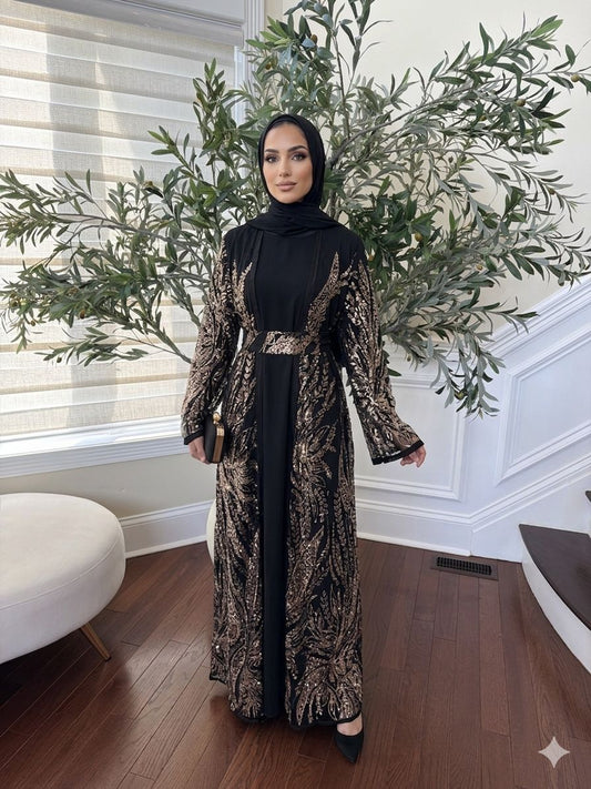 Golden Black Sparkle Cardigan Abaya