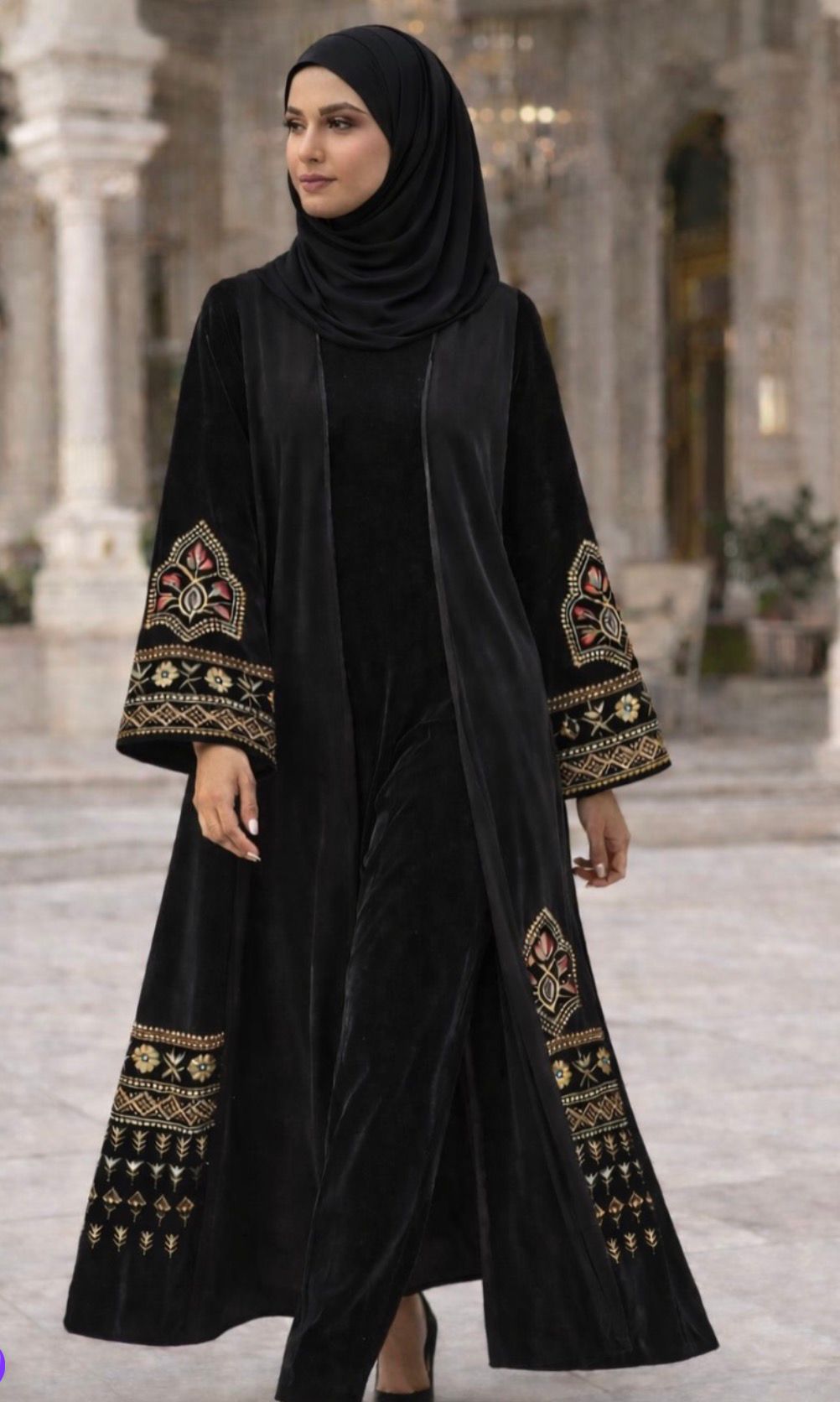 Black Velvet with Chiffon Embroidery Elegance Abaya