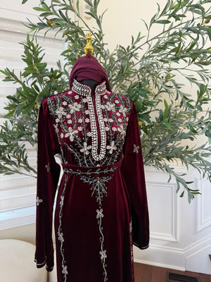 Burgundy Red Crystal Velvet Detailing Abaya