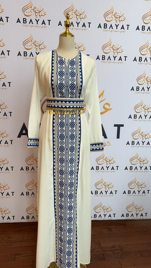 White and Blue Tatreez Cardigan Abaya