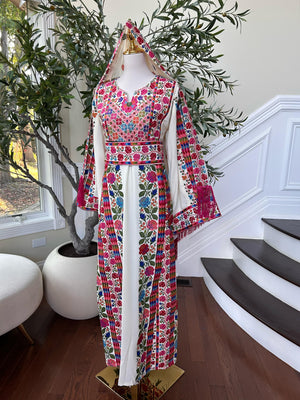 Cream Floral Embroidery Tatreez Thobe