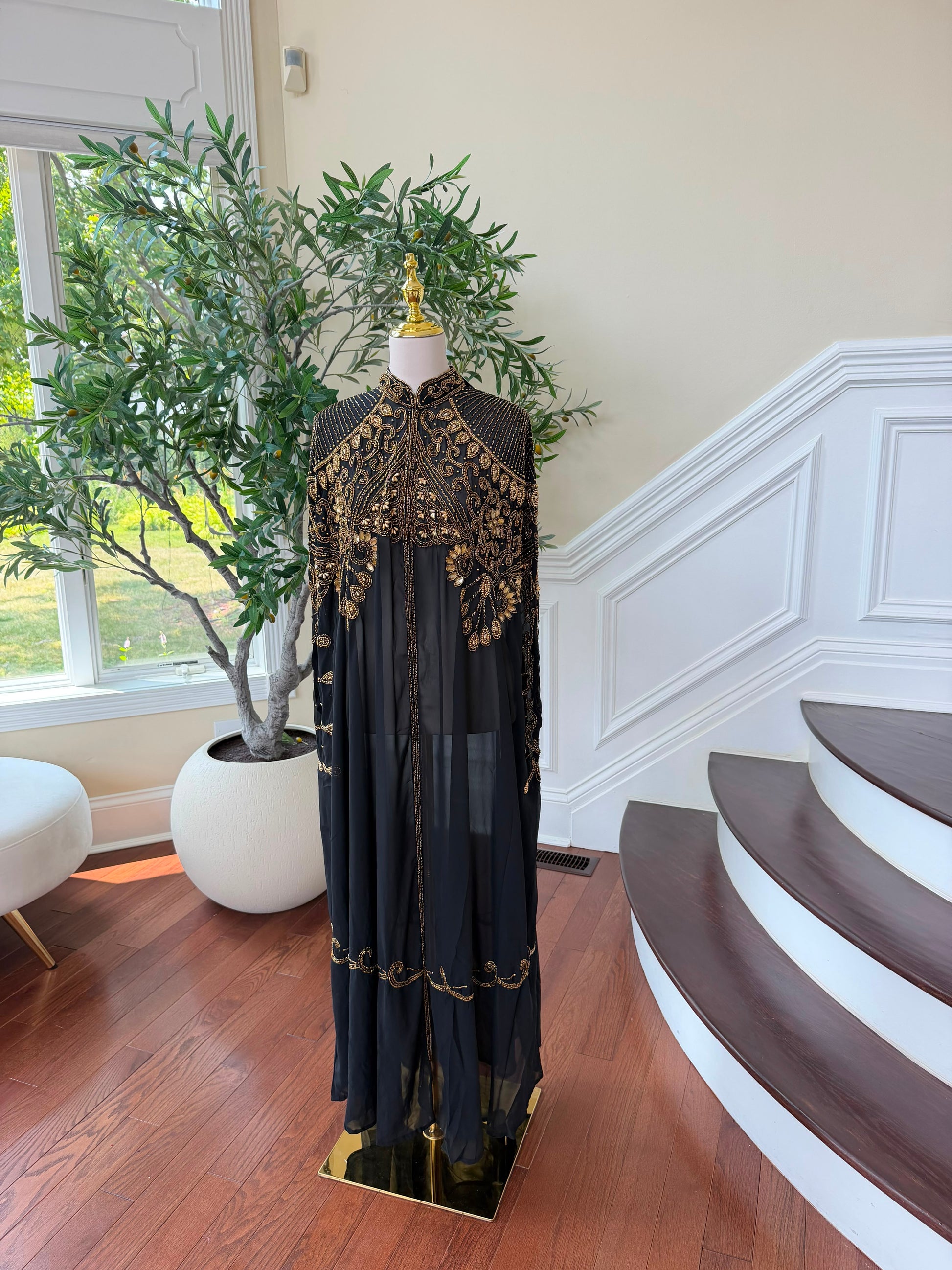 Golden Beaded Black Elegance Cardigan Abaya