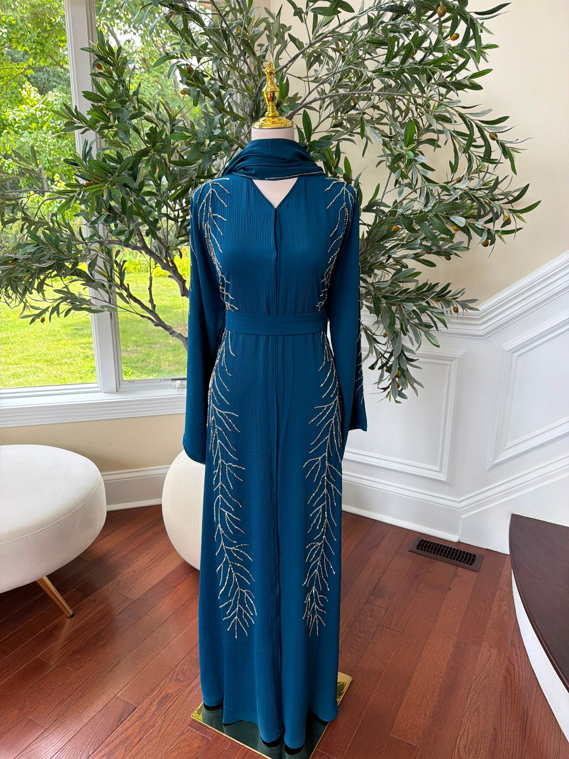 Sky Blue Beaded Elegance Abaya