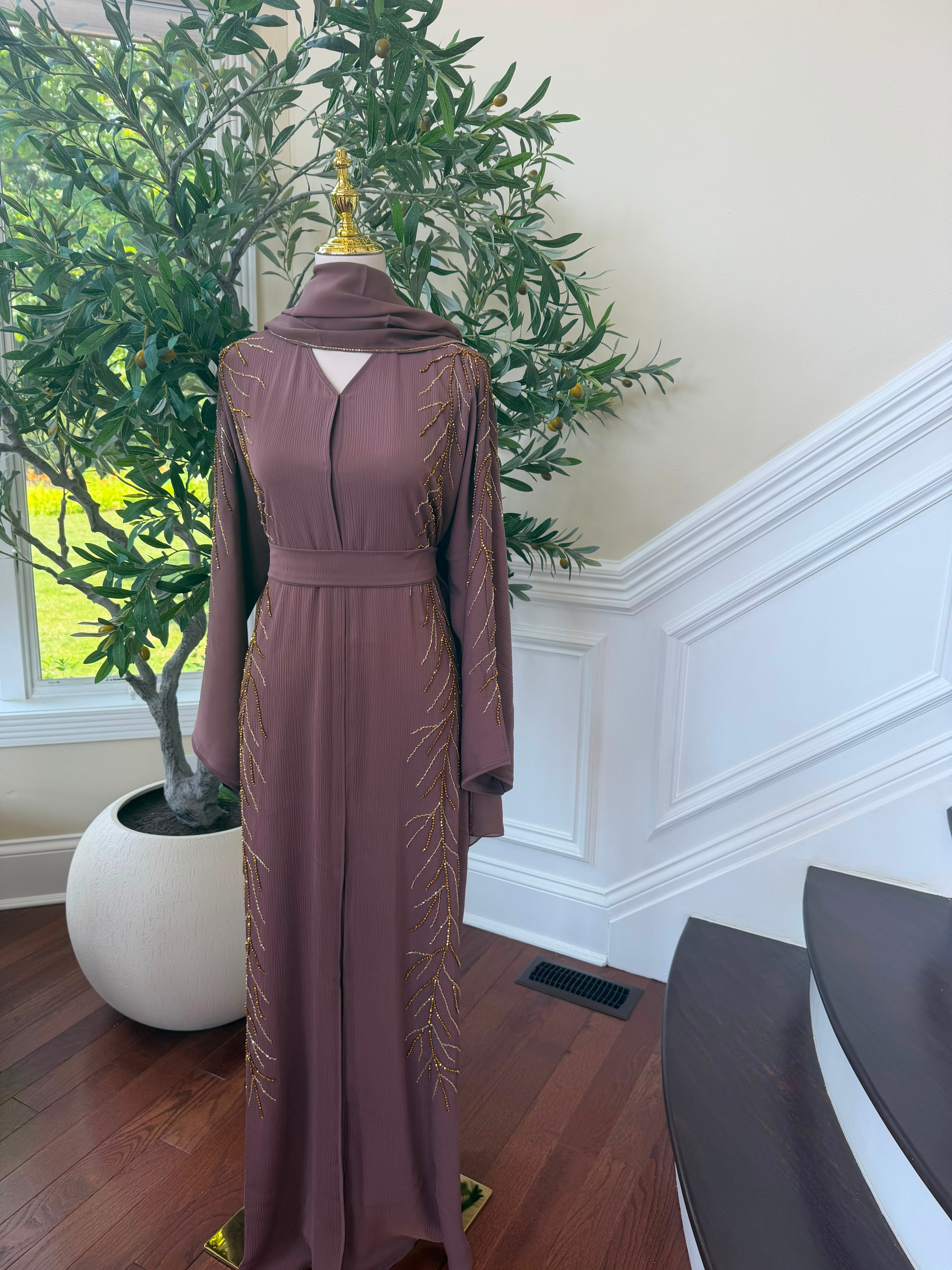 Muave Golden Beaded Abaya