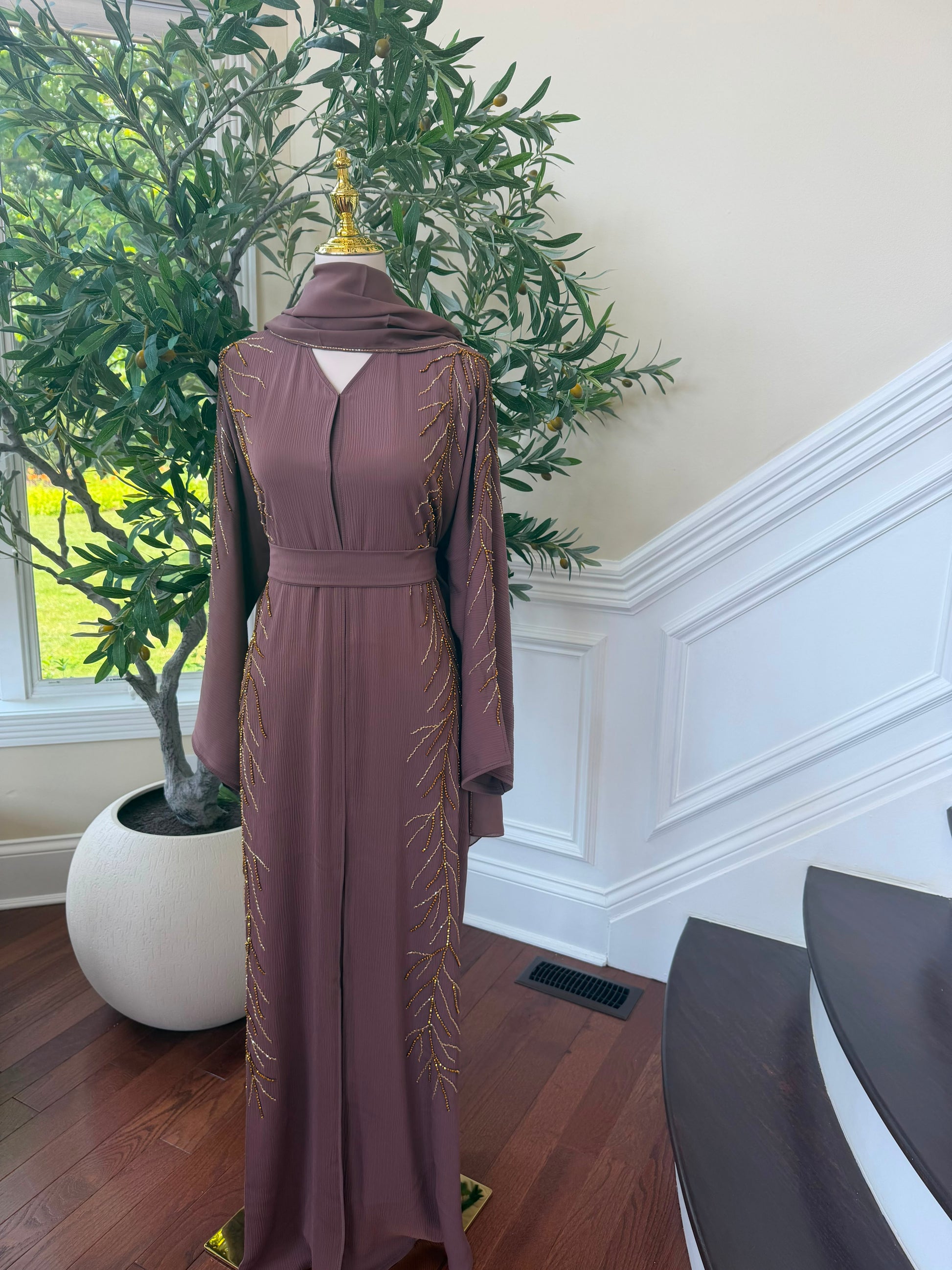 Muave Golden Beaded Abaya