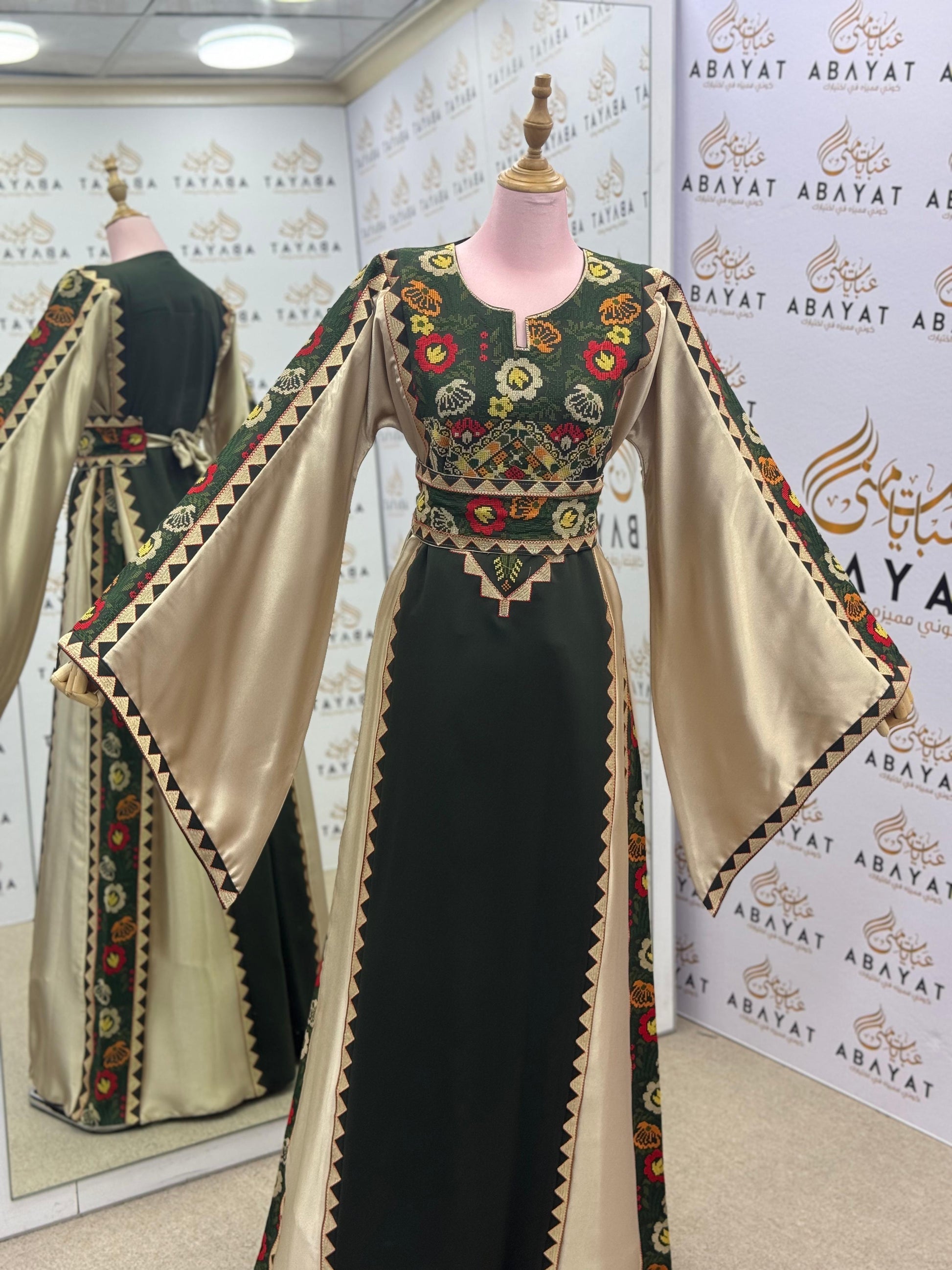 Olive Green & Gold Palestinian Embroidery Thobe – Floral Heritage Design A09082025