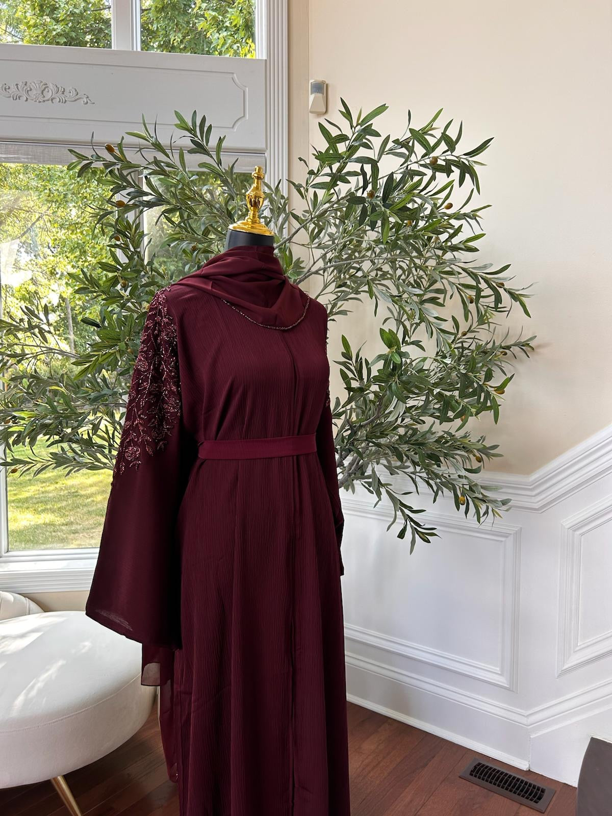 Floral Burgundy Sleeve Charm Abaya
