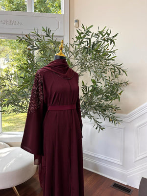 Floral Burgundy Sleeve Charm Abaya