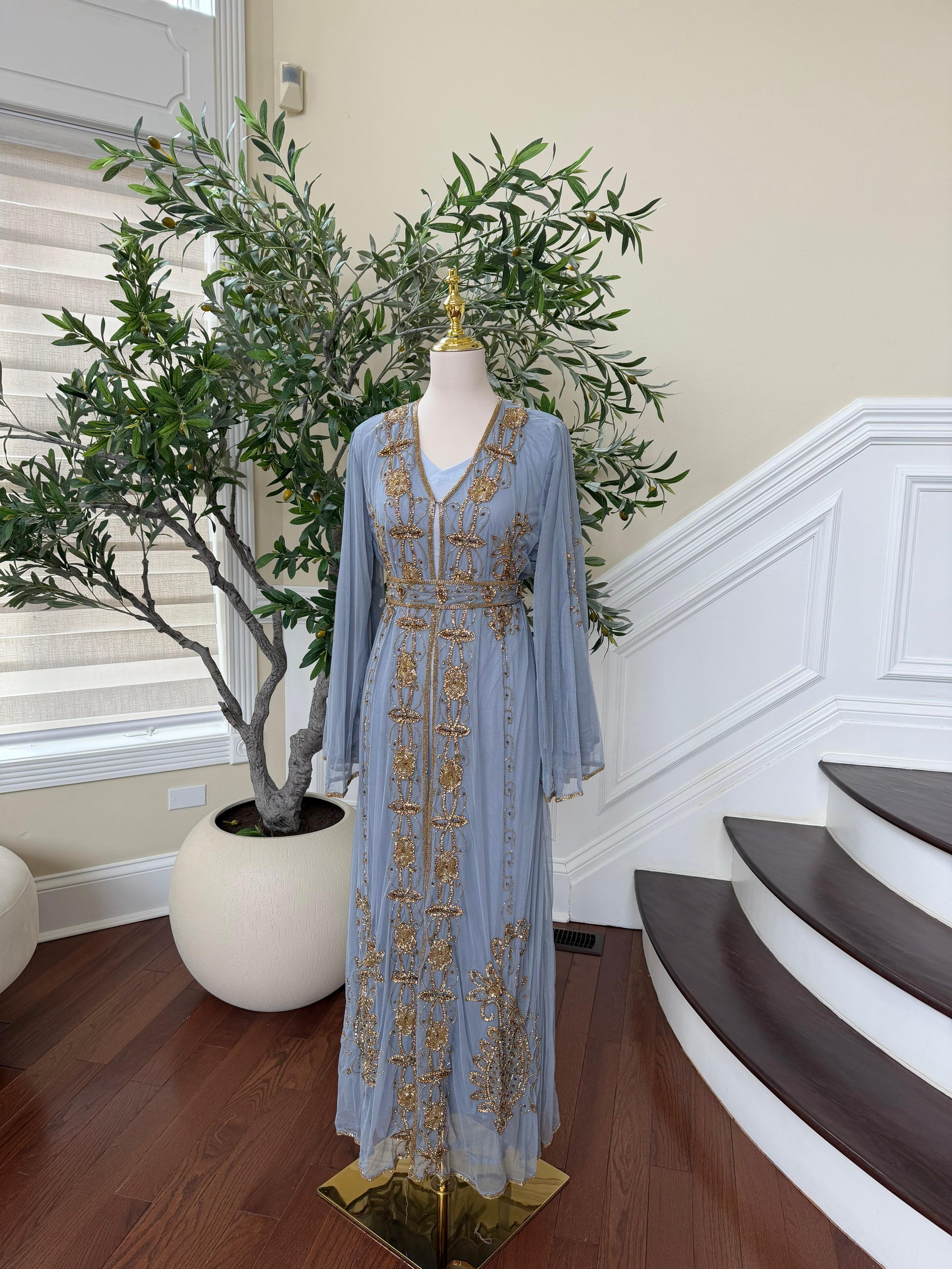 Baby Blue Golden Stone Cardigan Abaya