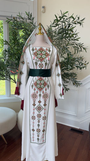 White Thobe Green Tatreez Elegance
