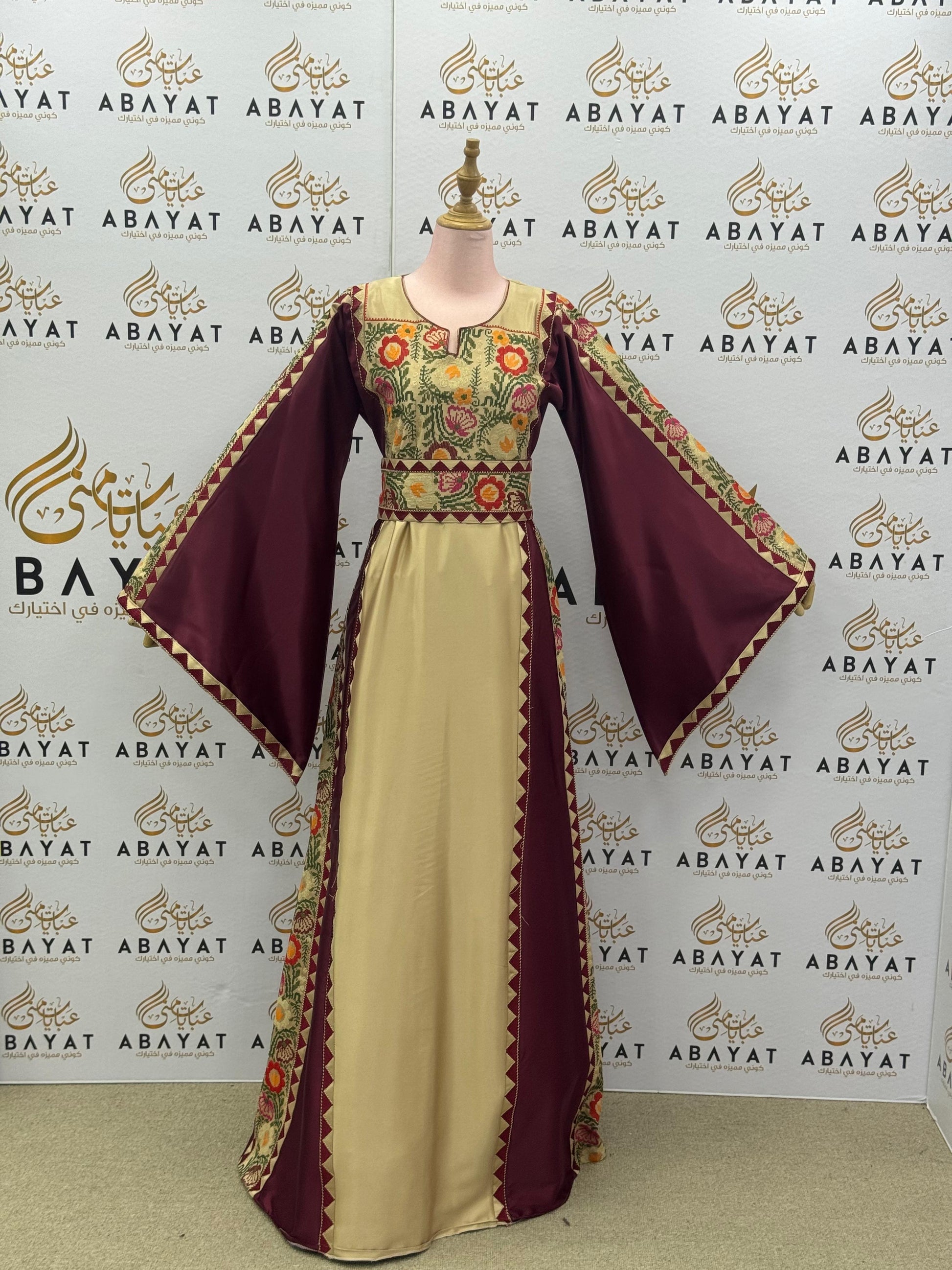 Traditional Palestinian Thobe in Maroon and Beige with Floral Tatreez