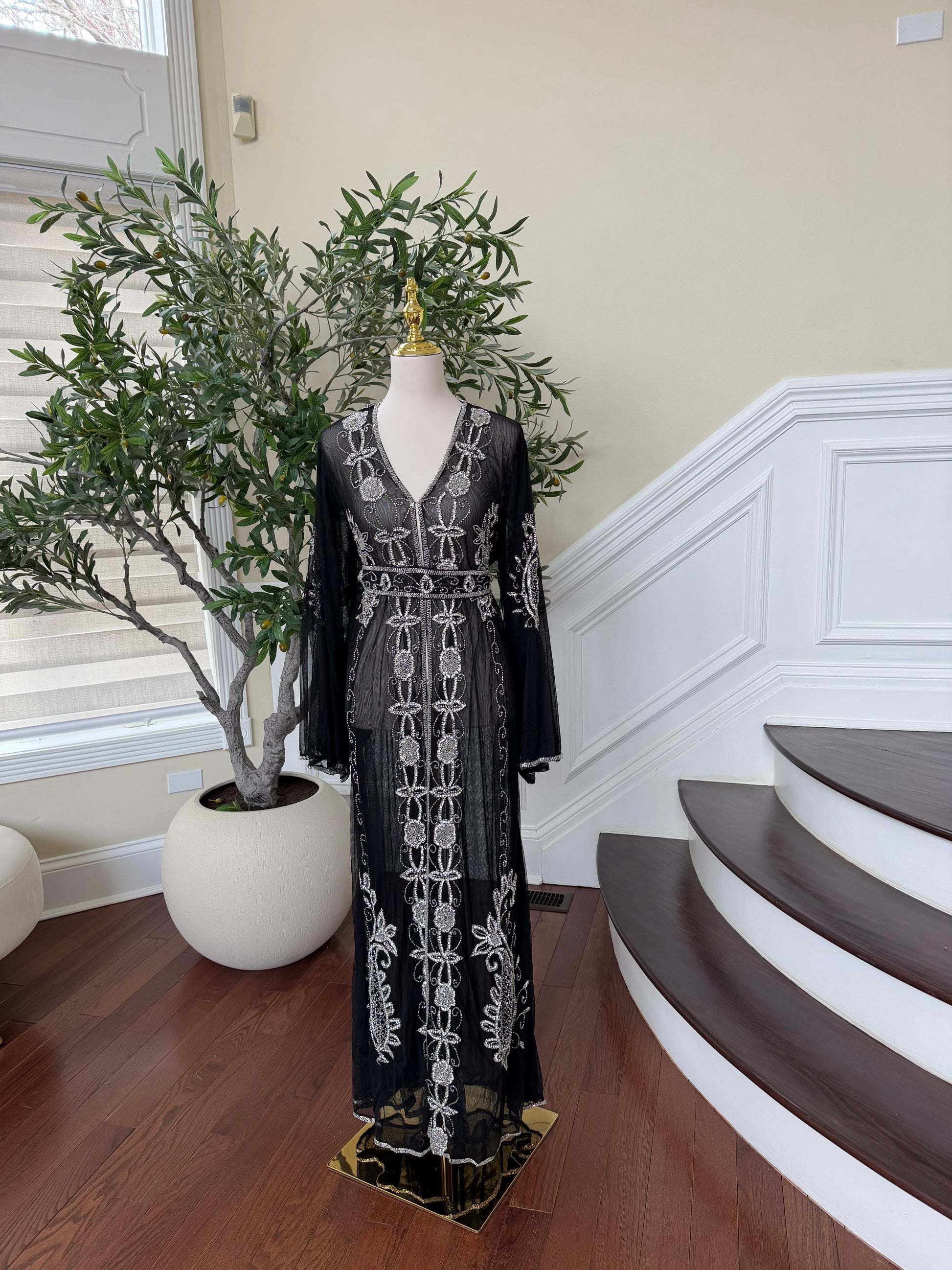 Black Silver Stone Cardigan Abaya