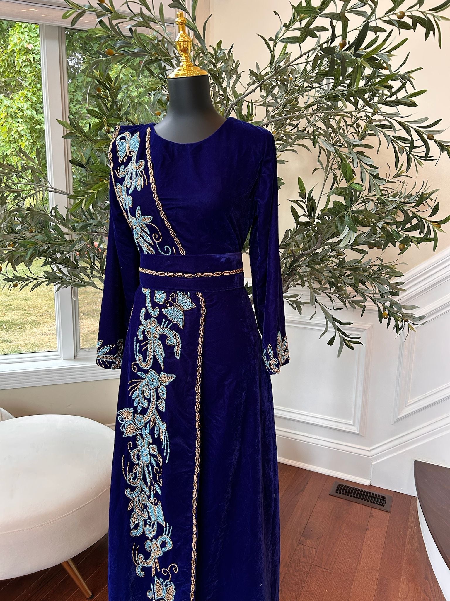 Blue Velvet Stone Charm Kuftan Dress
