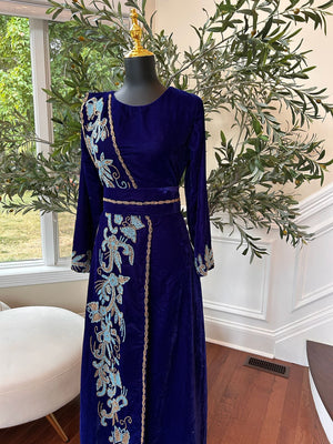 Blue Velvet Stone Charm Kuftan Dress