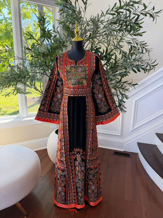 Black Embroidery Tatreez Orange Thobe