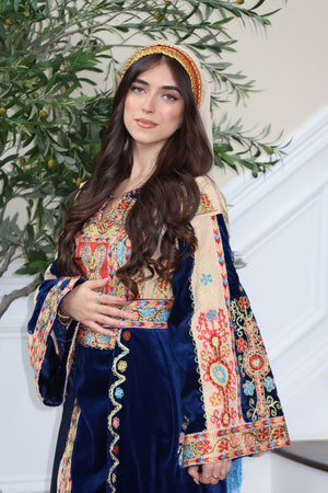 Royal Blue Malaka Handmade Thobe – Luxe Velvet & Intricate Tatreez Skirt and Khirka Shal included