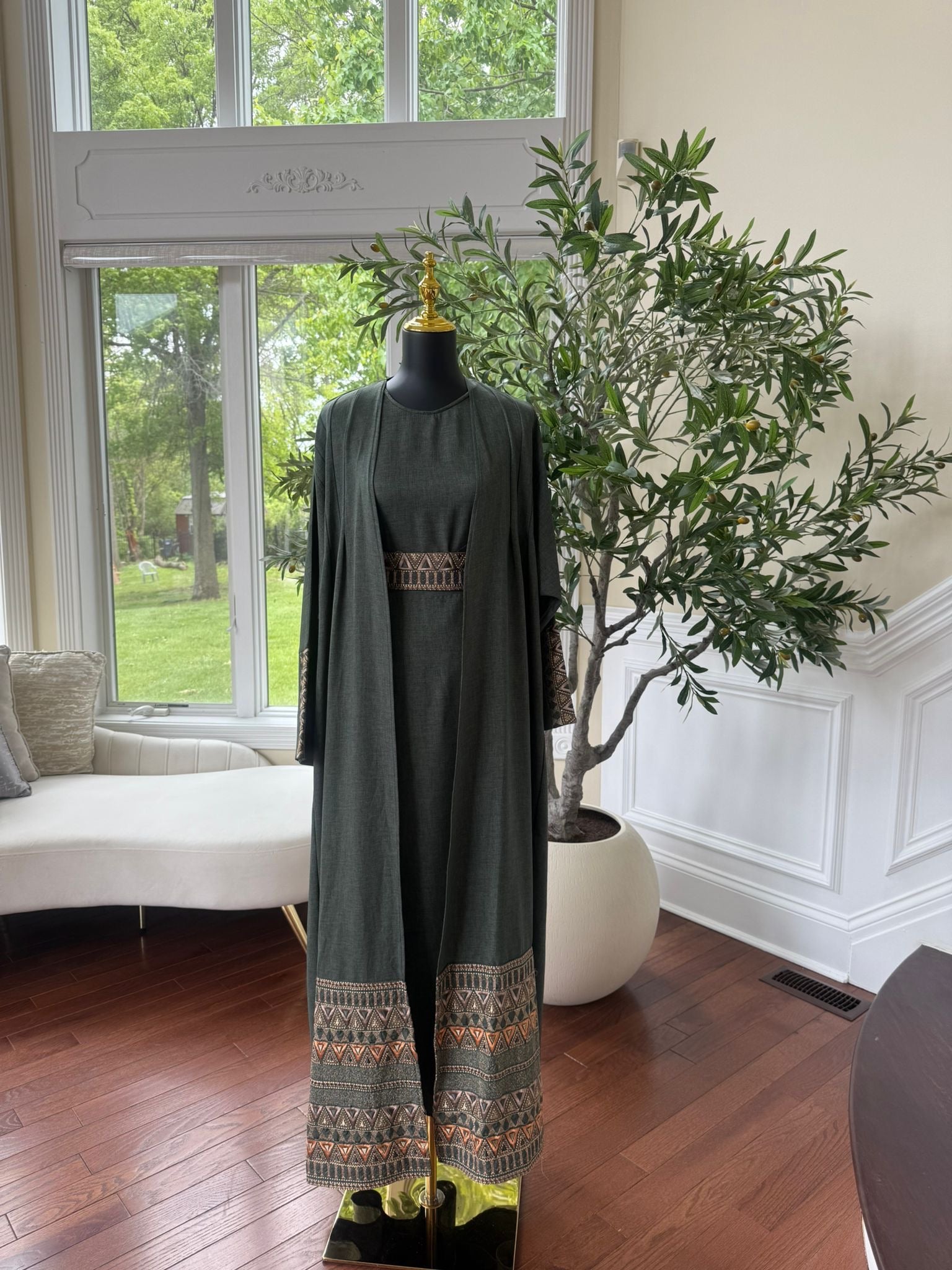 Green Tatreez Cardigan Abaya