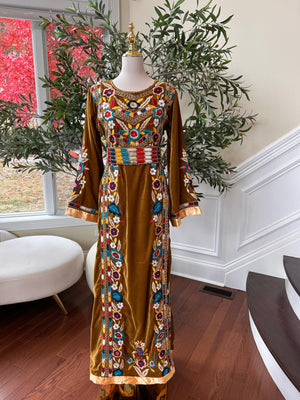 Golden Mustard Velvet Beaded Stone Thobe