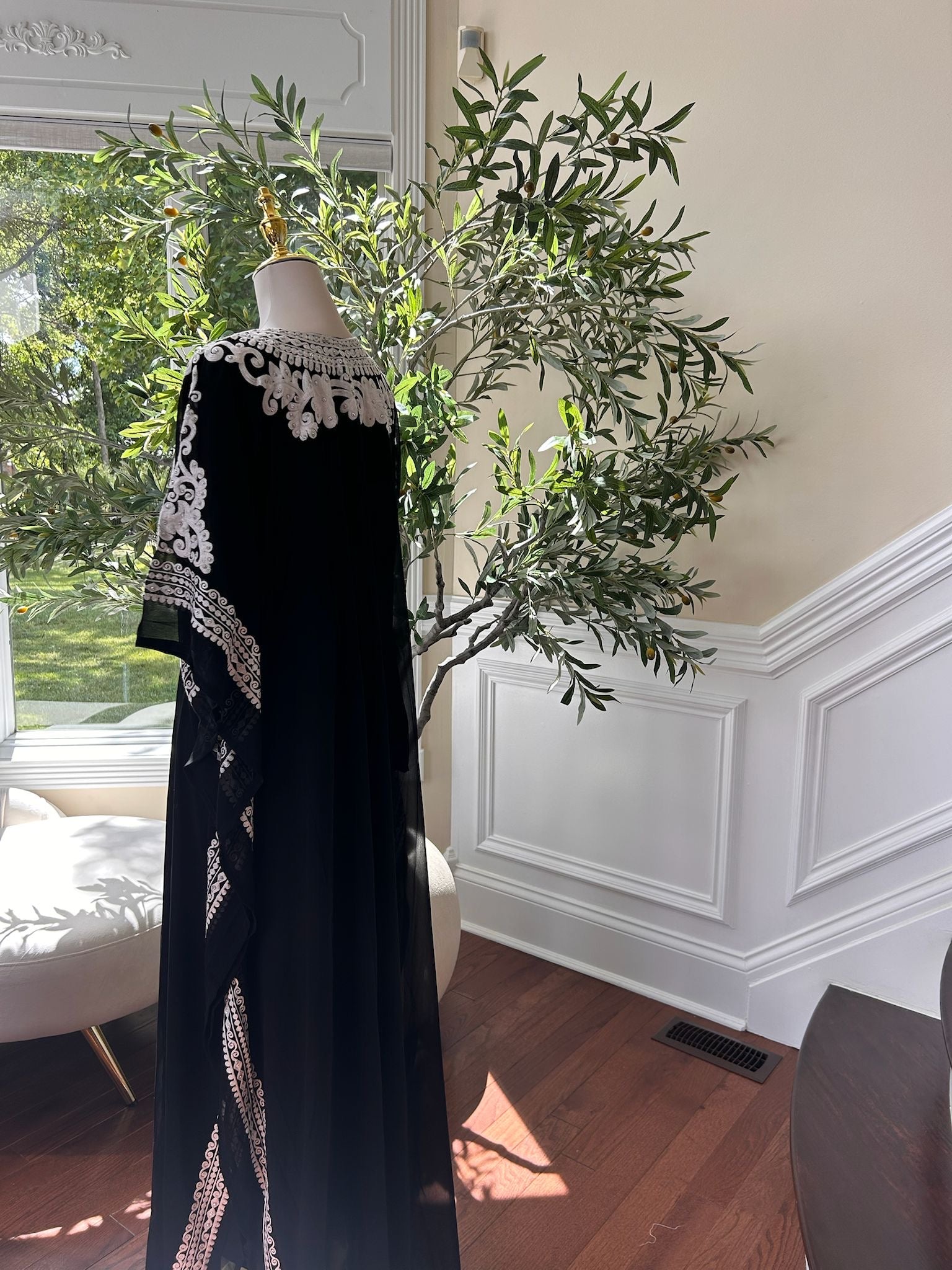 Luxury Black Embroidered White Detail Kuftan Dress