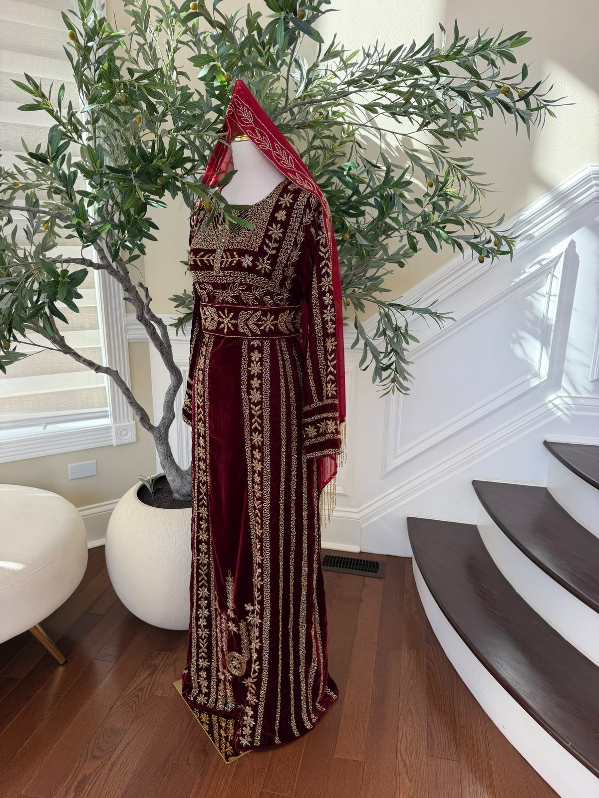 Elegant Burgundy Velvet Palestinian Thobe with Intricate Gold Embroidery( scarf not included)