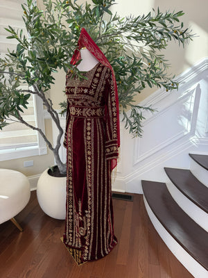 Elegant Burgundy Velvet Palestinian Thobe with Intricate Gold Embroidery( scarf not included)