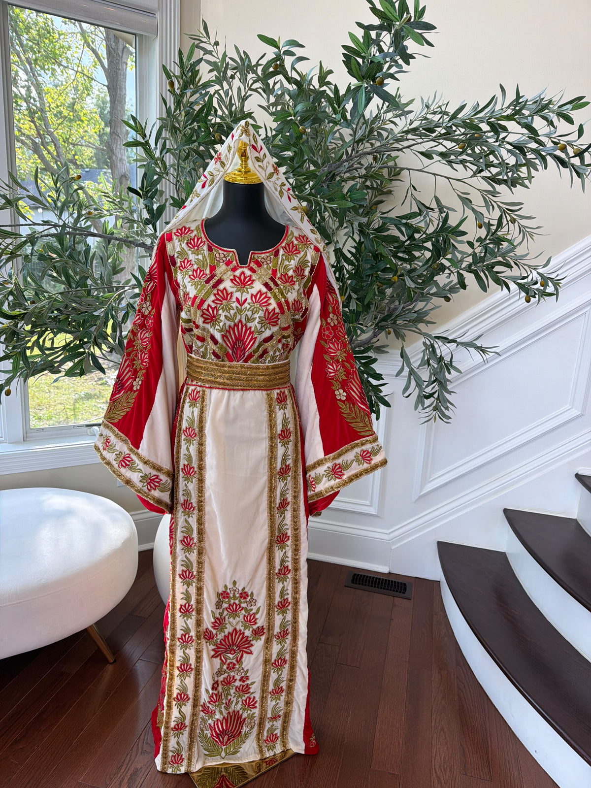 Elegant Cream and Red Thobe with Gold Floral Embroidery(scarf not included)