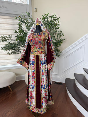 Velvet Maroon and White Traditional Tatreez Sabal Kharaz Detail Thobe