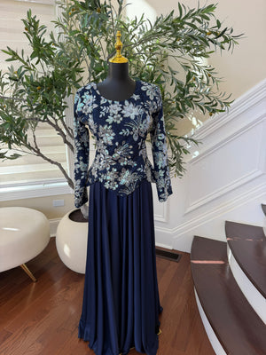 Elegant Navy Blue Evening Gown with Shimmering Silver & Blue Floral Embroidery