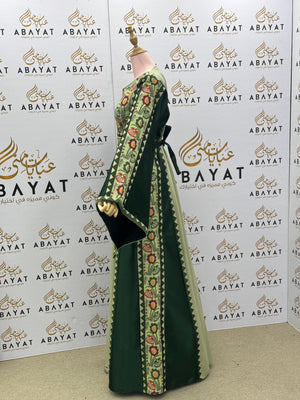 Traditional Palestinian Thobe in Light & Dark Green with Floral Tatreez