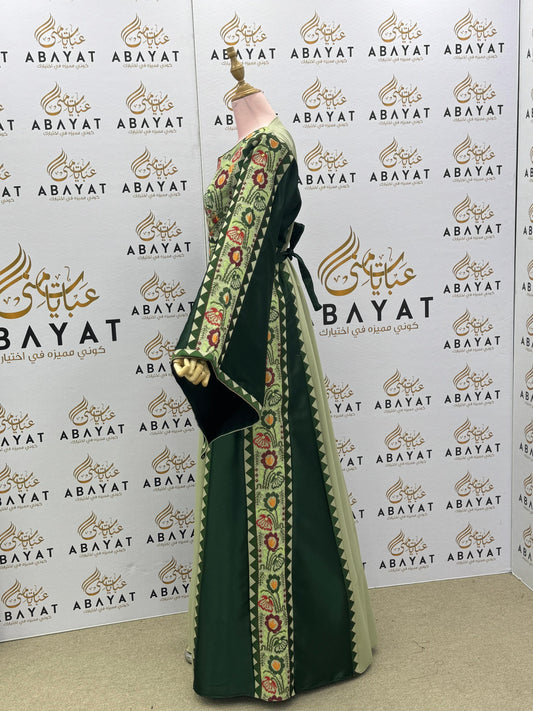 Traditional Palestinian Thobe in Light & Dark Green with Floral Tatreez