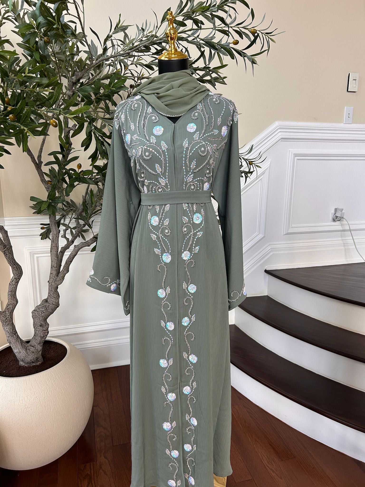 Sage Green Floral Essence Abaya
