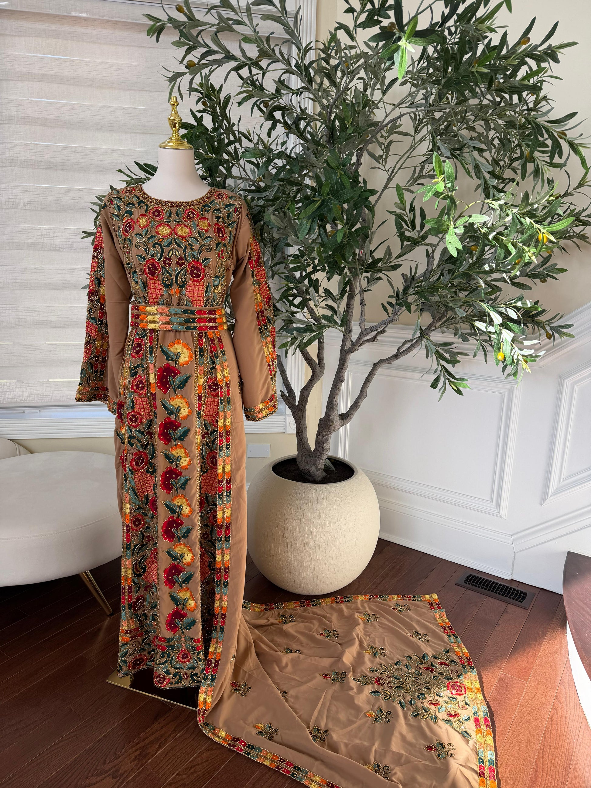 Tan Luxury Heavy Beaded Velvet Thobe