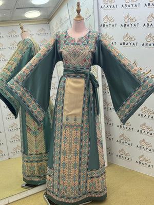 Palestinian Embroidered Thobe – Olive Green with Wide Sleeves