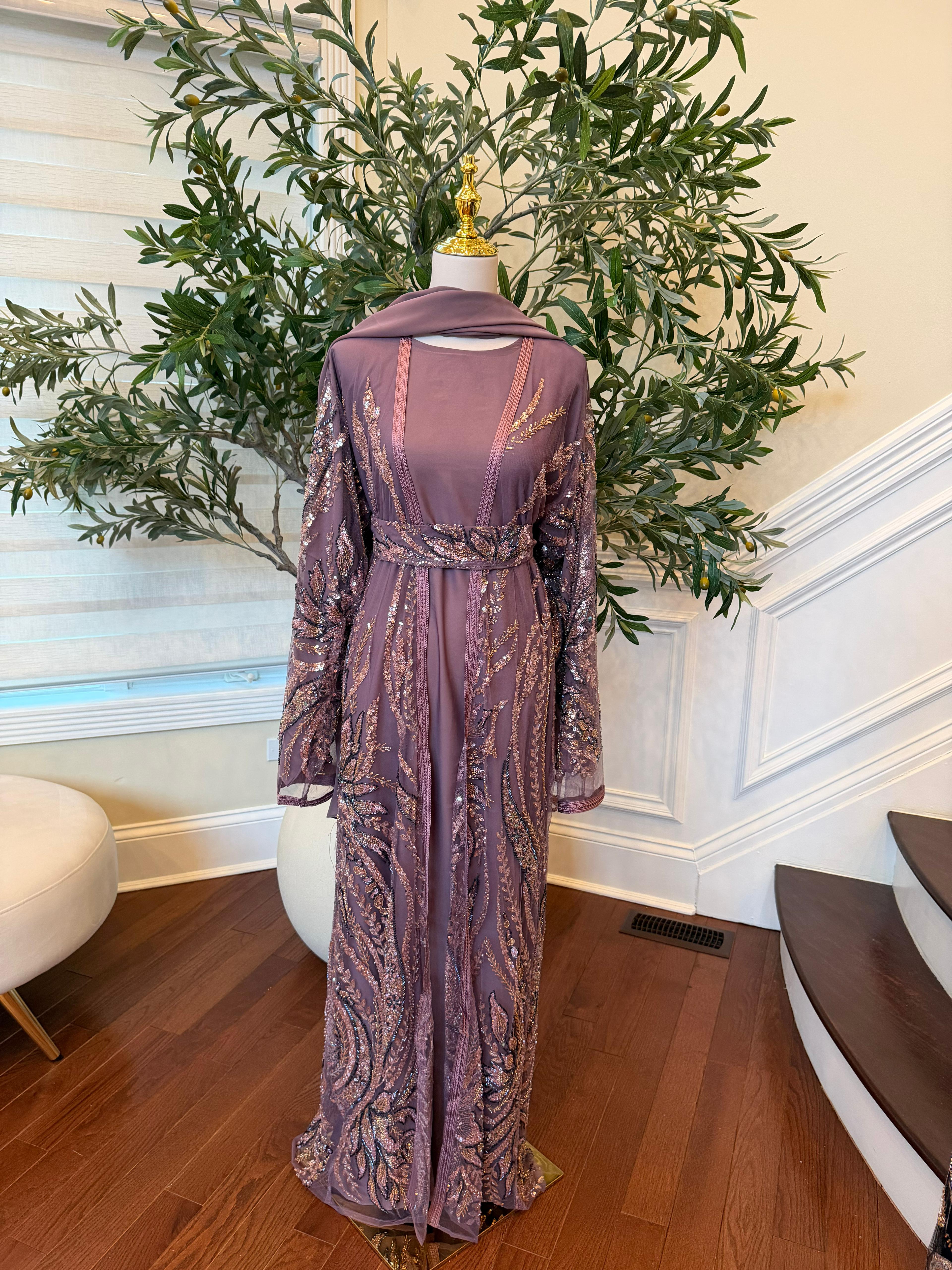 Rose Pink Sequin Two Piece Abaya