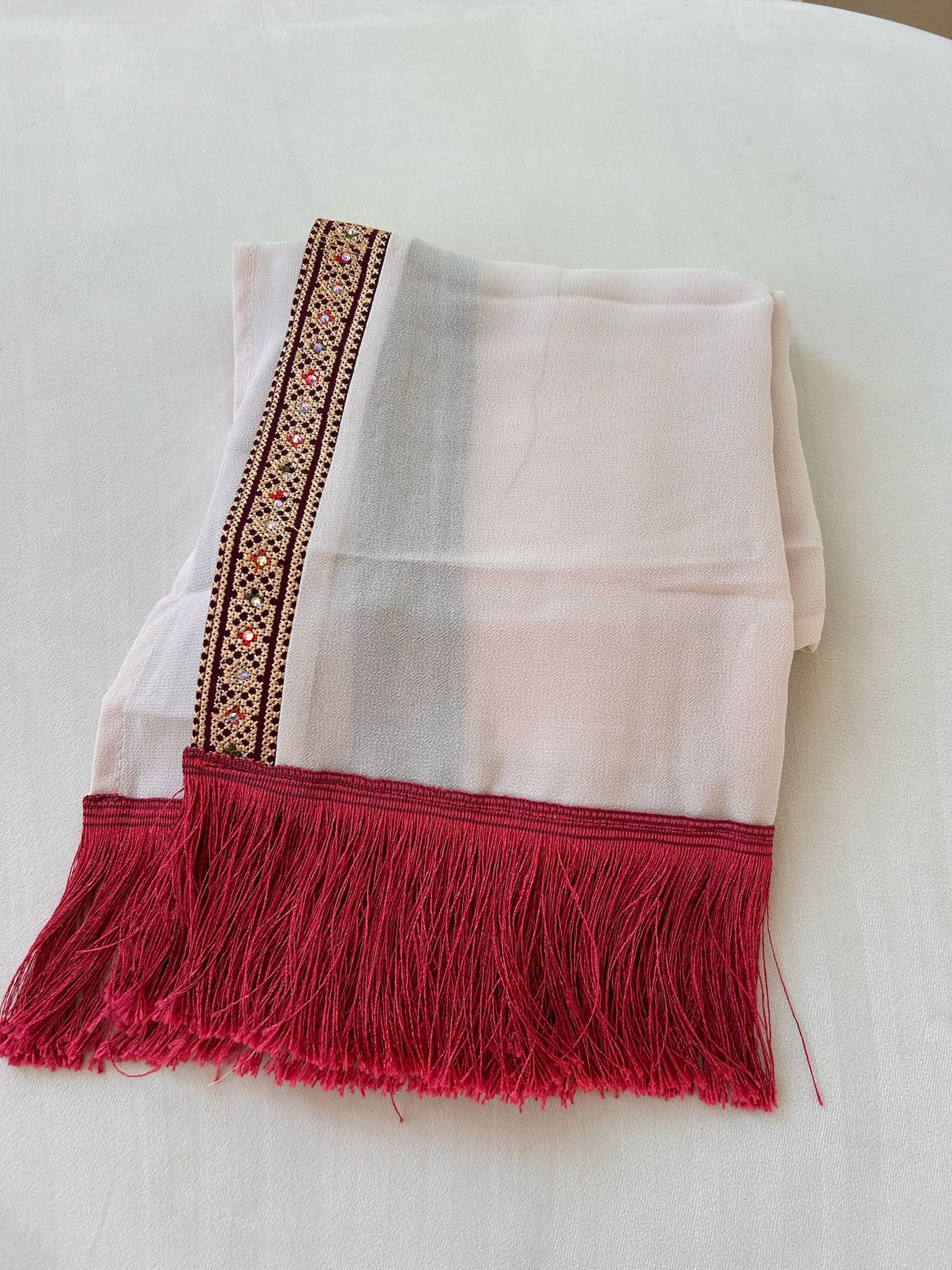 Cream / Red Tatreez Khirka Shal Mandil